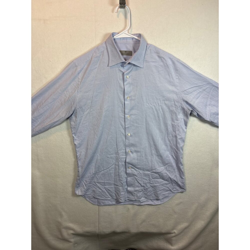 Canali Mens Dress Shirt Size 42 16.5 Blue & White Houndstooth Cotton Made In Ita